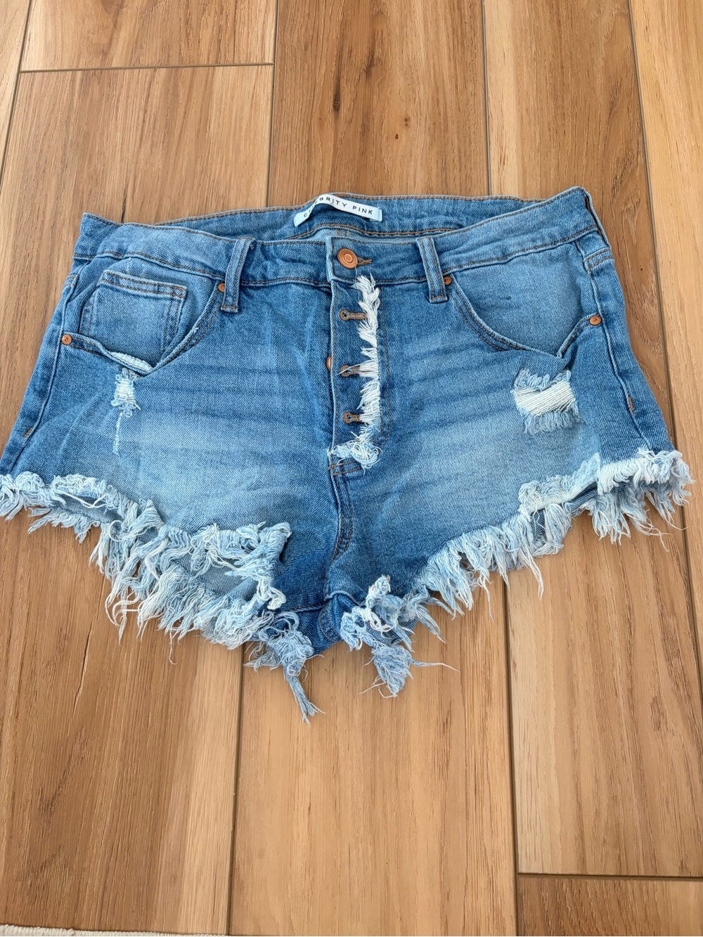 Celebrity Pink Distressed Light Blue Frayed Denim Shorts